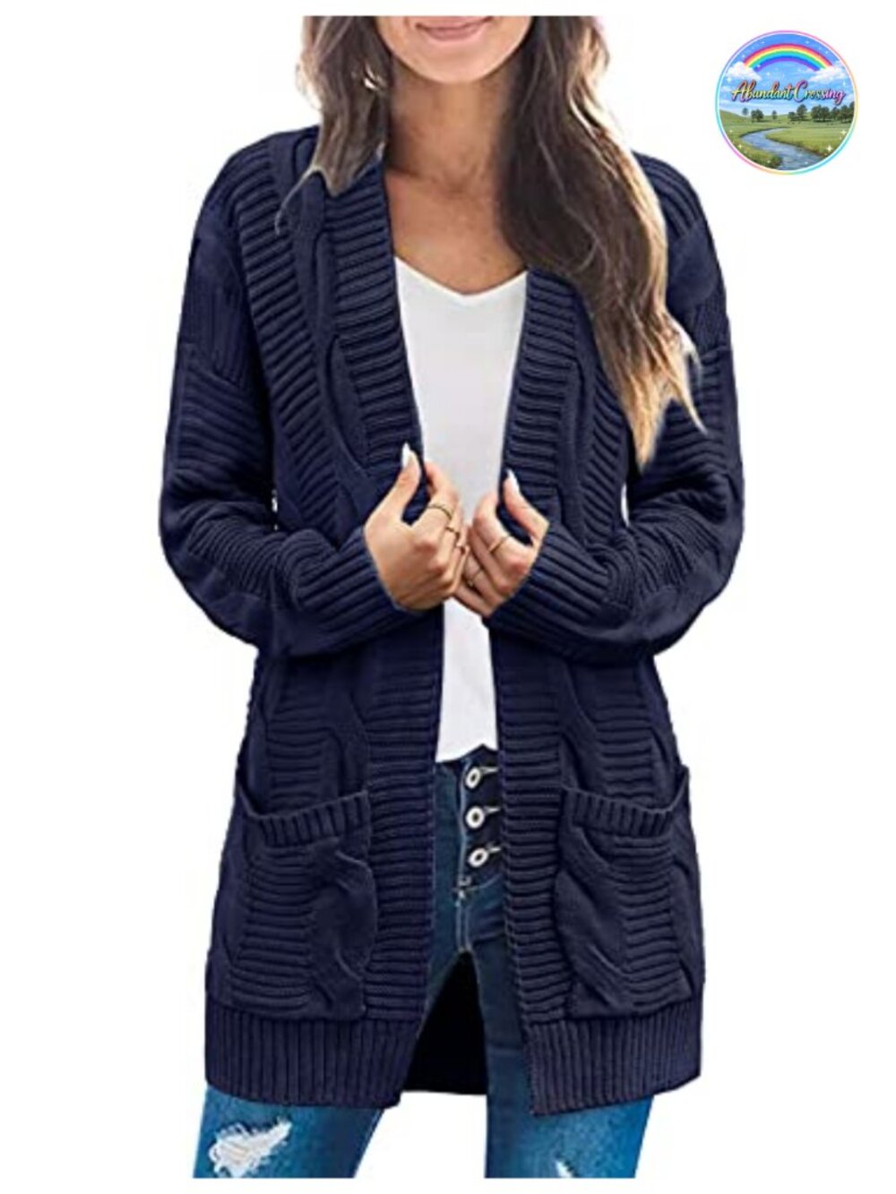 Cable Knit Open Front Cardigan Sweater Long Sleeve Loose Fit Women's